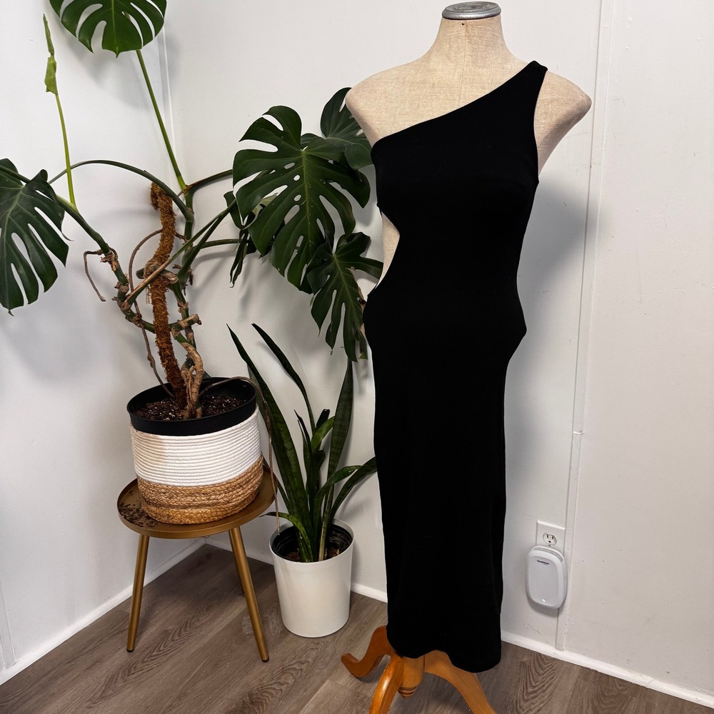 Zara One Shoulder Cutout Midi Dress Womens Small Black Asymmetrical Bodycon LBD